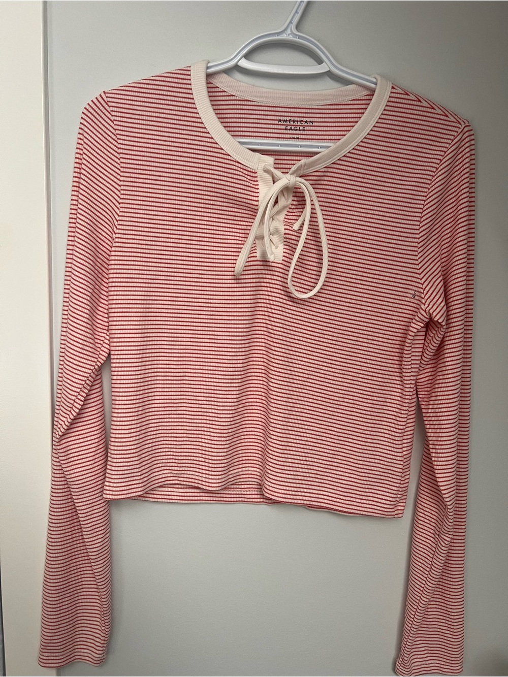 American Eagle Outfitters Red and Cream Striped Tie-Neck Long Sleeve Crop Top